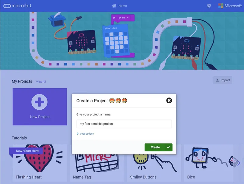 Screenshot showing how to create a project in MakeCode