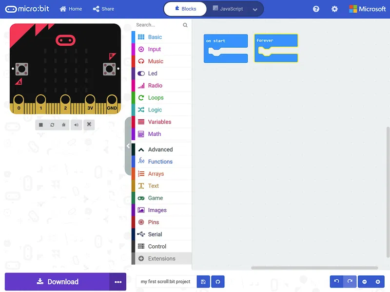 Screenshot showing the MakeCode editor