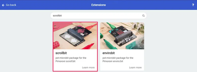 Screenshot showing how to add the scroll:bit extension