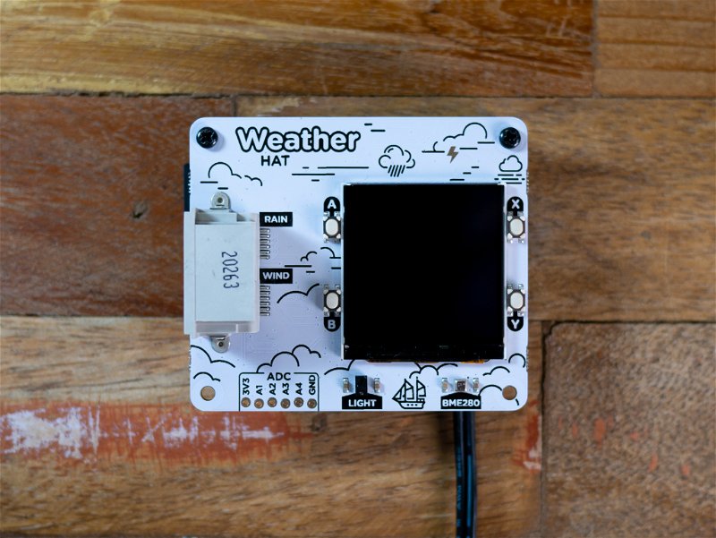 Weather HAT plugged into a Raspberry Pi Zero W