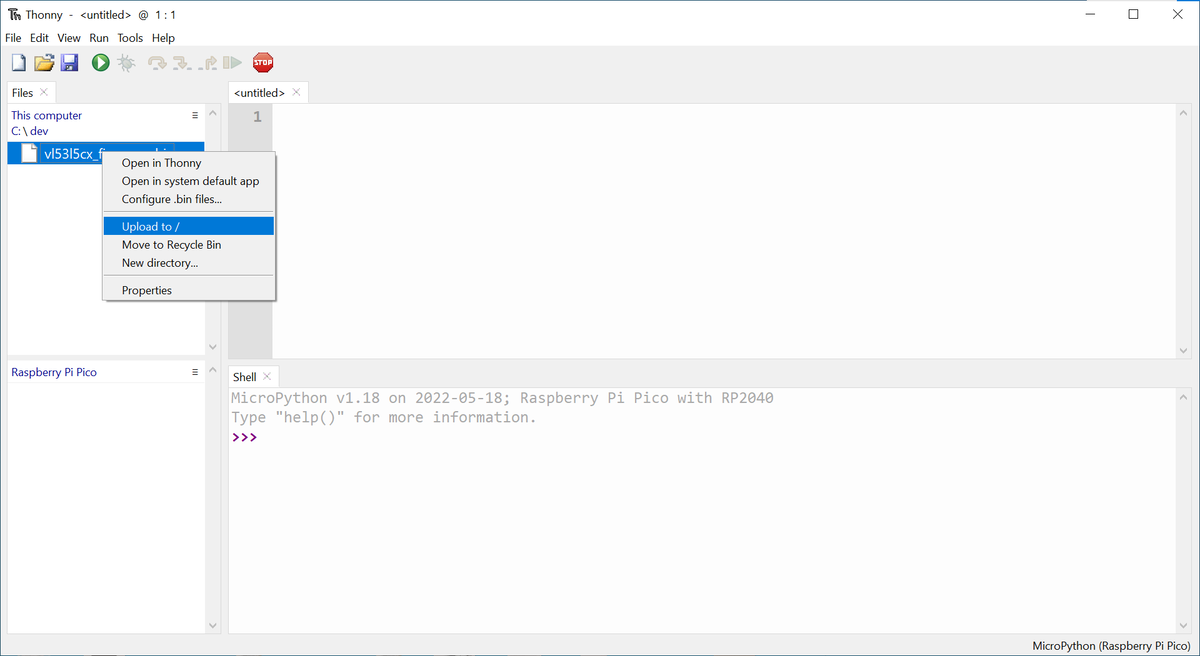 Screenshot showing right-clicking on the firmware file to upload it