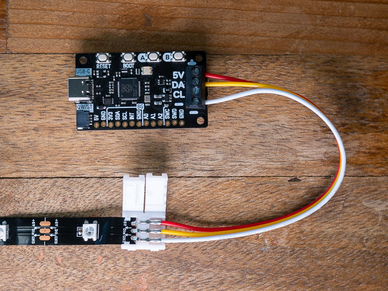 LED strip connected to Plasma 2040 with a clippy cable