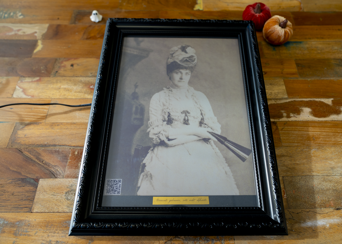Stern Victorian lady with a fan displayed on Inky Impression, in a frame