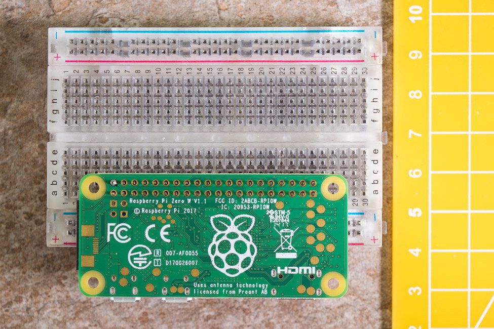 Raspberry Pi Zero W with header held steady in breadboard