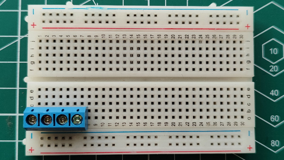 A screw terminal in a breadboard